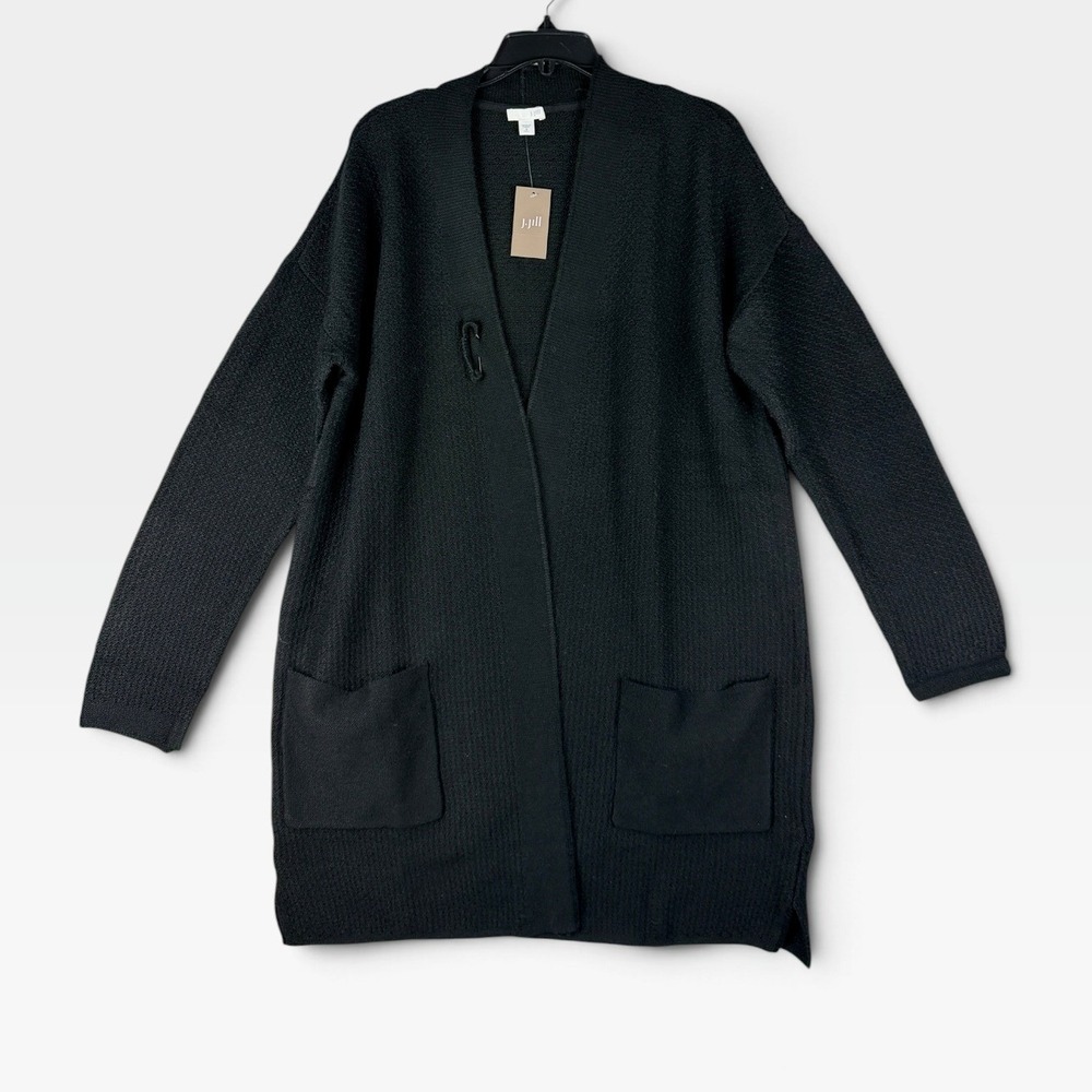 J.Jill Cardigan Open Front Longline Womens MT Black Textured Pockets New
